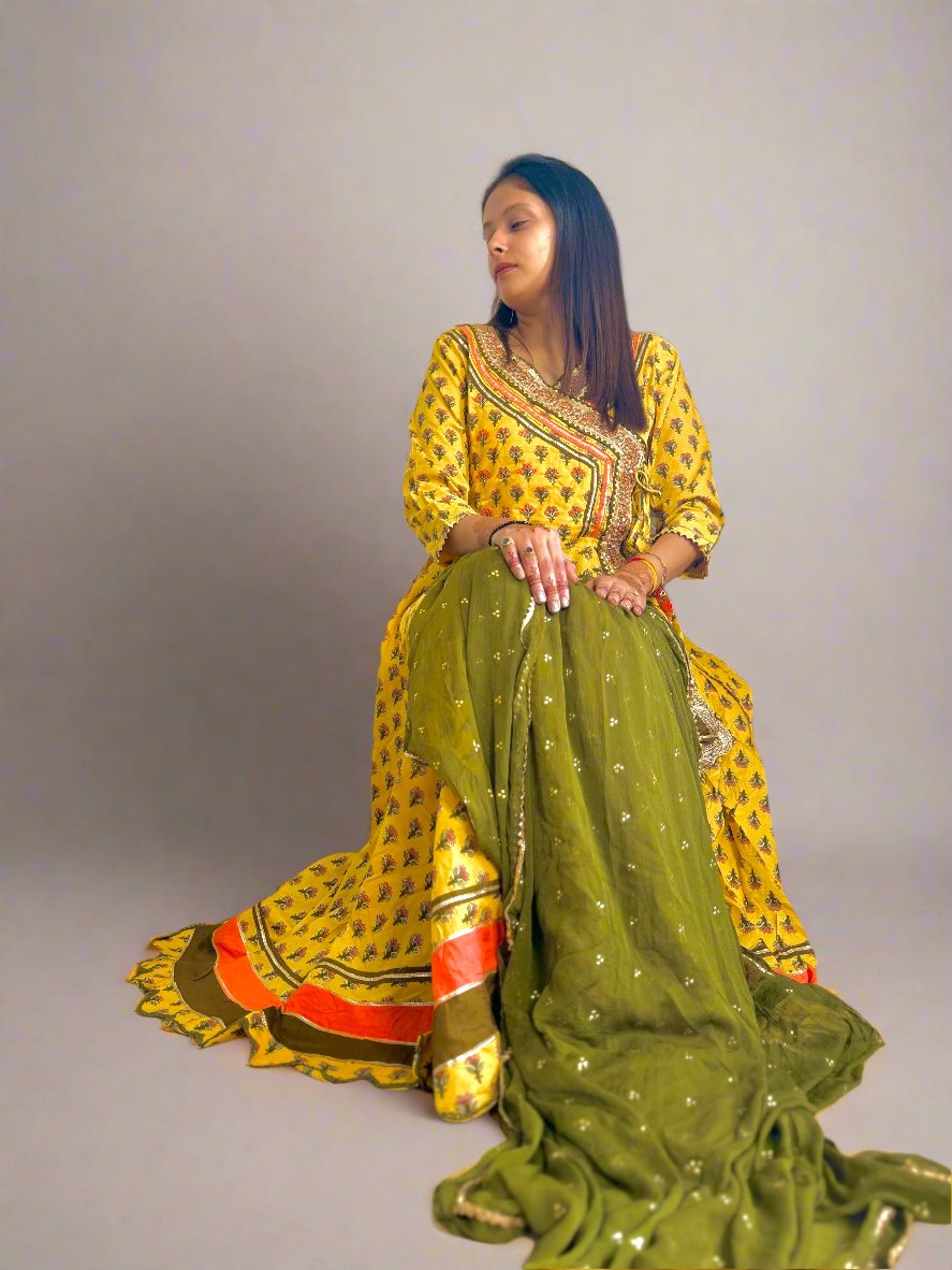 Yellow Green Yoke Design Cotton Anarkali Kurta With Trousers & Dupatta