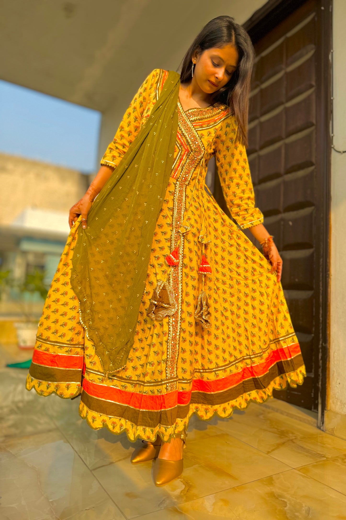 Yellow Green Yoke Design Cotton Anarkali Kurta With Trousers & Dupatta