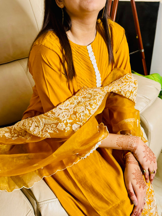 Mustard Yellow Embroidered  Straight Suit With Organza Dupatta