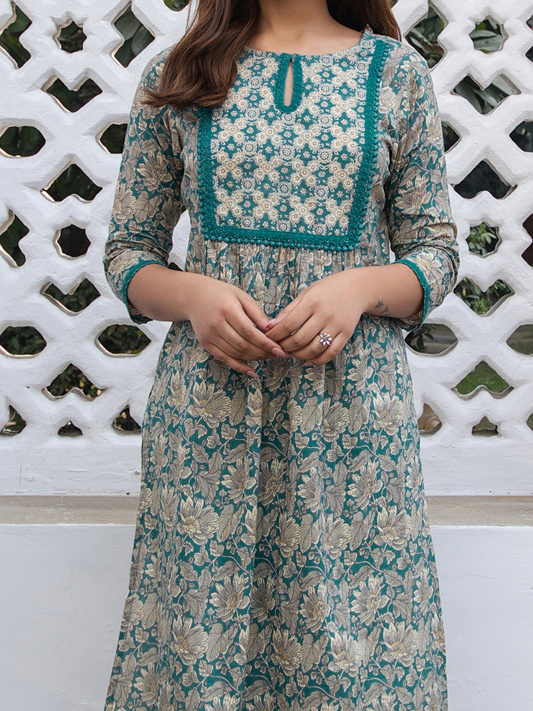 Teal Cotton Floral Straight Kurta Pant Set