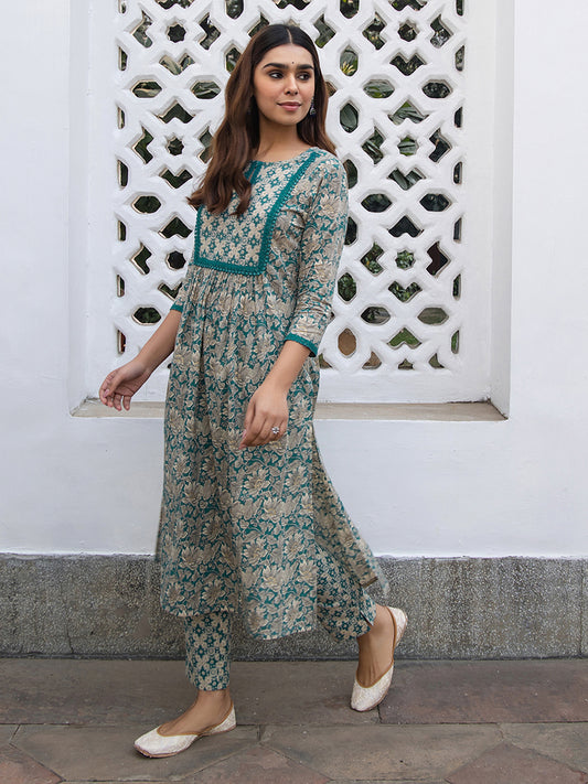 Teal Cotton Floral Straight Kurta Pant Set