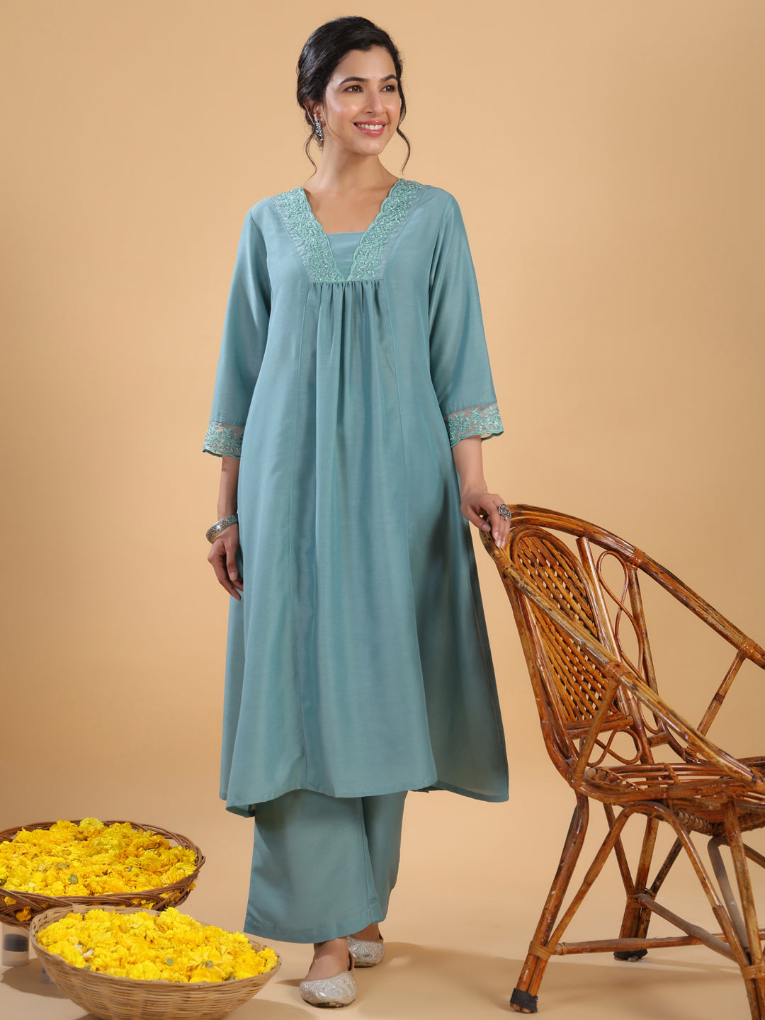 Sage Muslin Solid Pleated A-Line Kurta Set