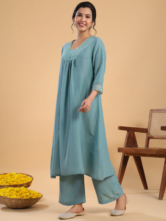 Sage Muslin Solid Pleated A-Line Kurta Set