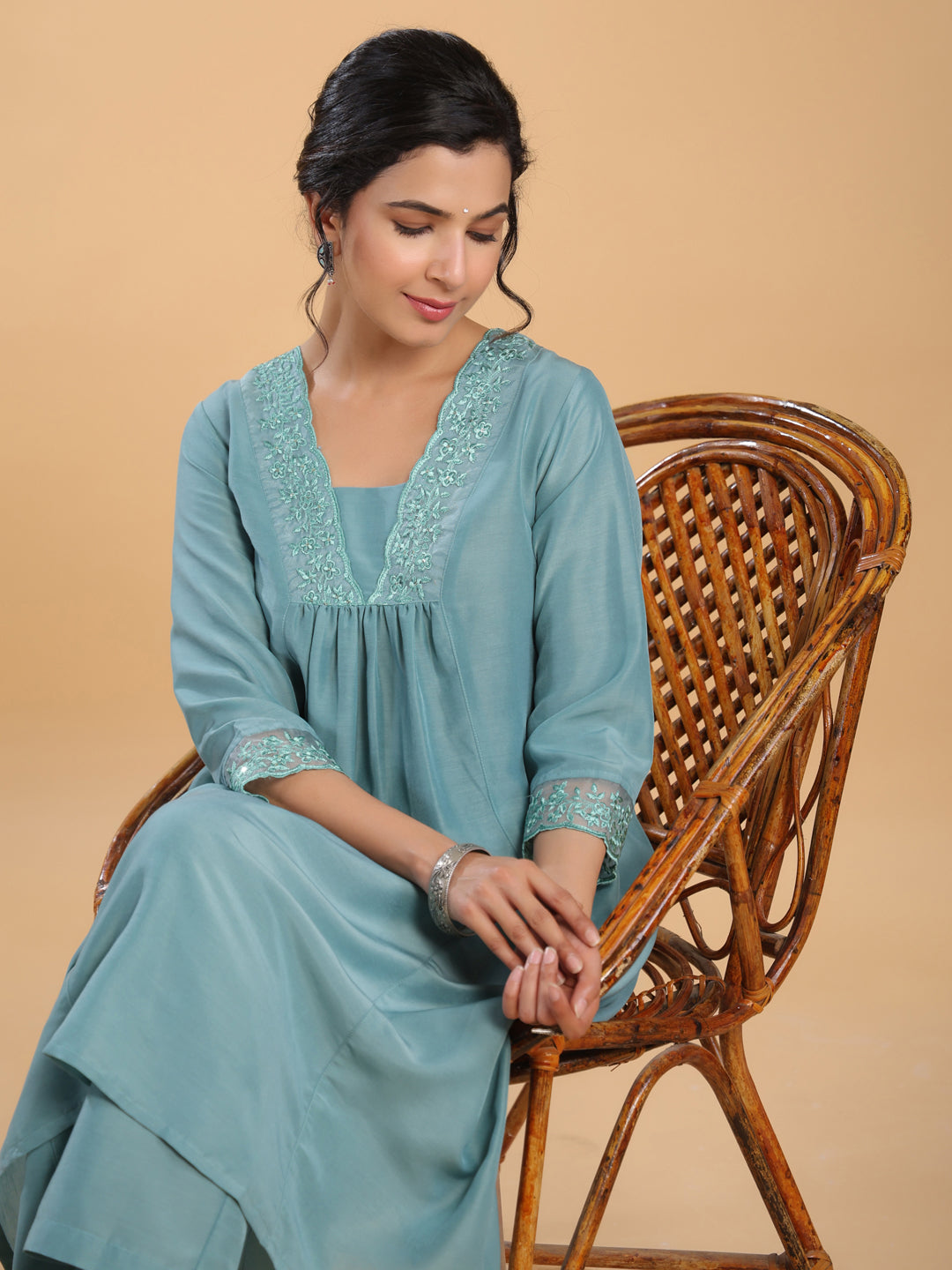 Sage Muslin Solid Pleated A-Line Kurta Set