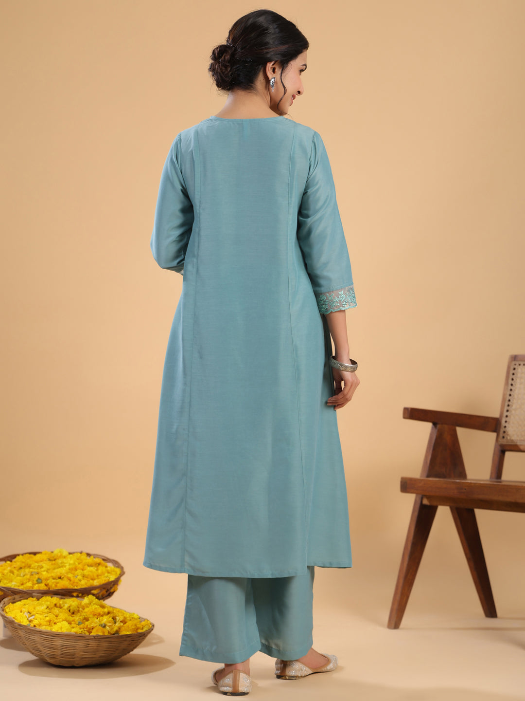 Sage Muslin Solid Pleated A-Line Kurta Set