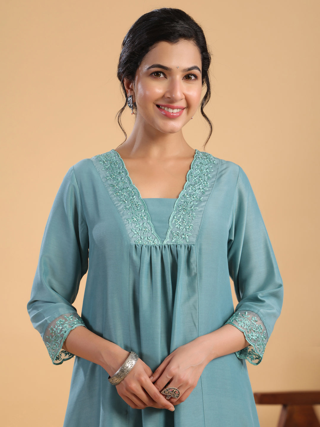 Sage Muslin Solid Pleated A-Line Kurta Set