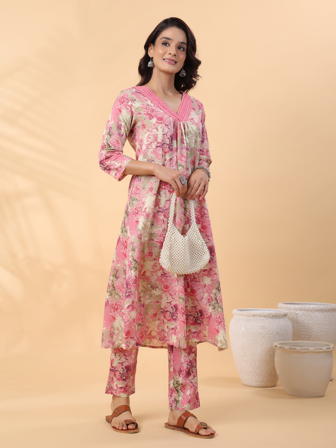 Cream Cotton Abstract Pleated Kurta Set