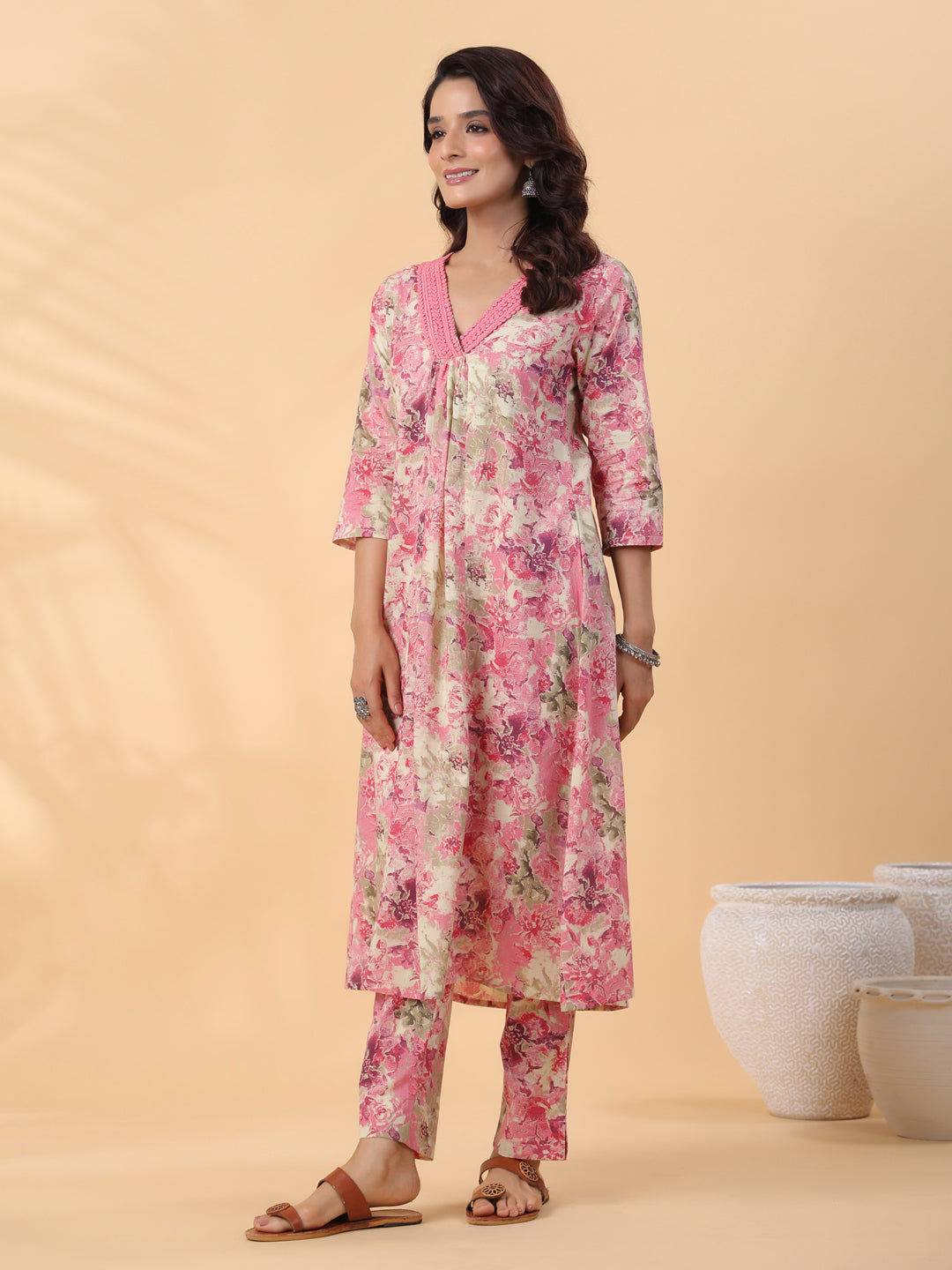 Cream Cotton Abstract Pleated Kurta Set