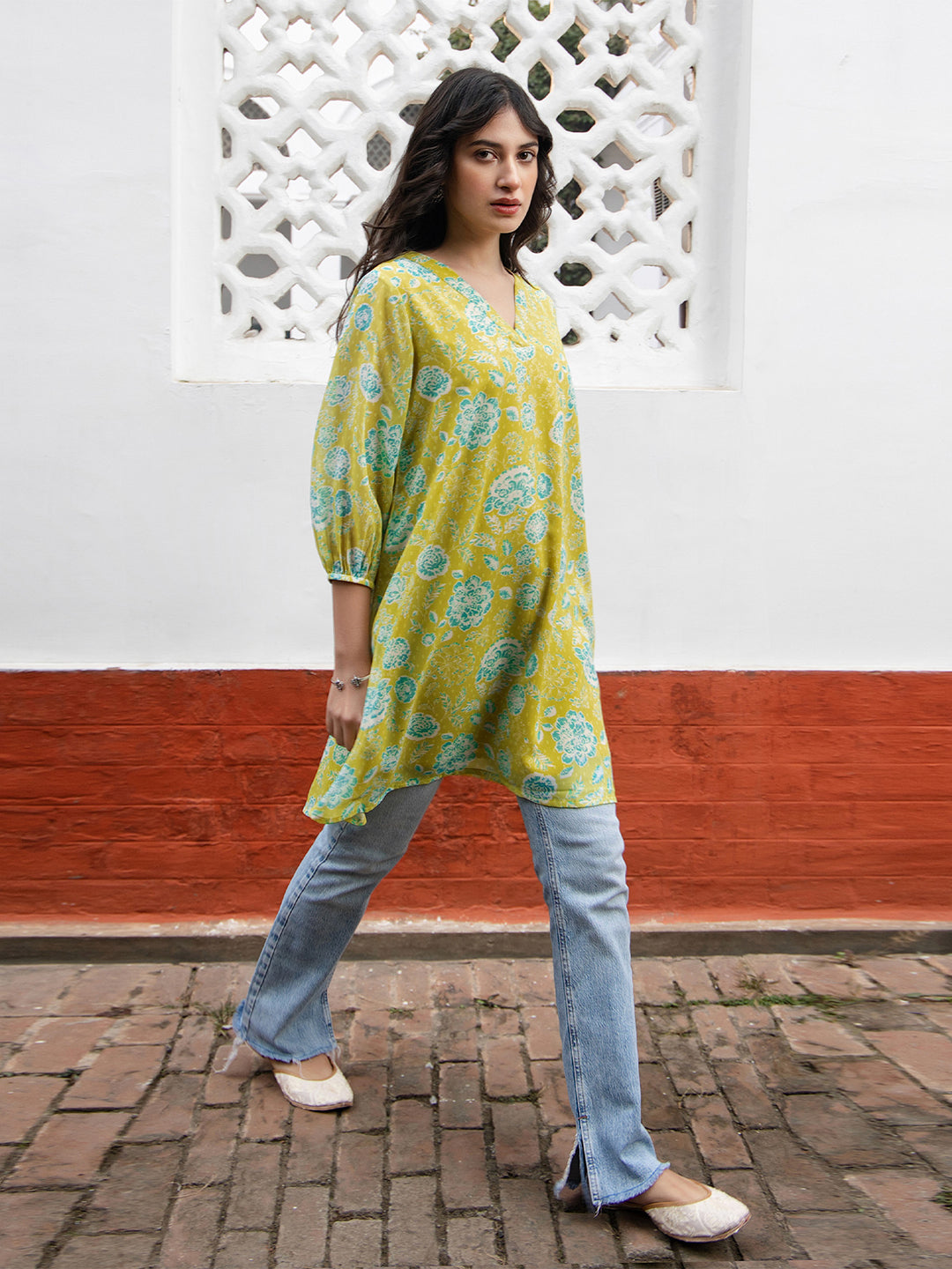 Lime Yellow Georgette Floral Tunic