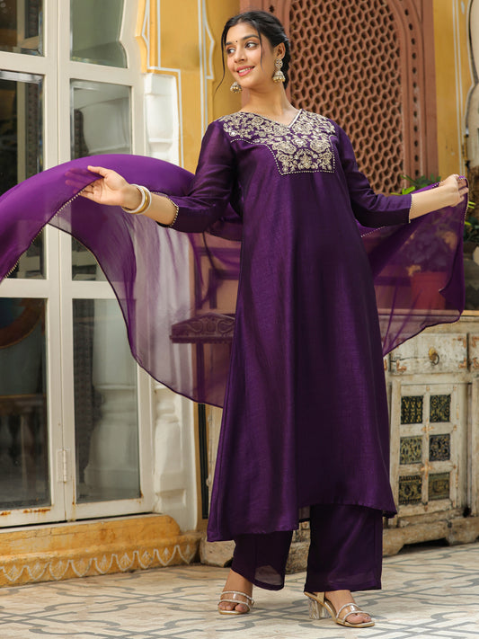 Purple Silk Blend Yoke Embroidered A-Line Kurta Set