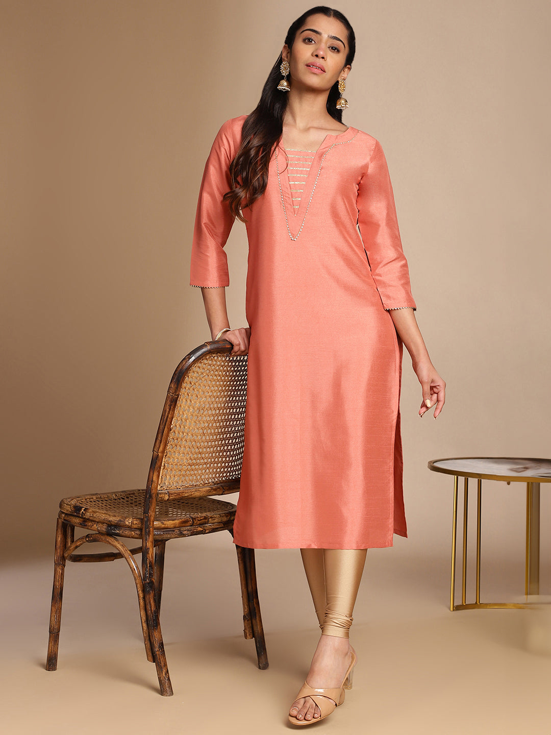 Peach Crepe Silk Solid Straight Kurta