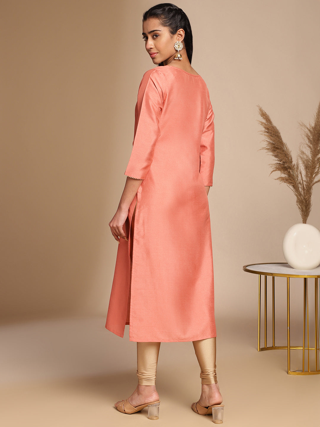 Peach Crepe Silk Solid Straight Kurta