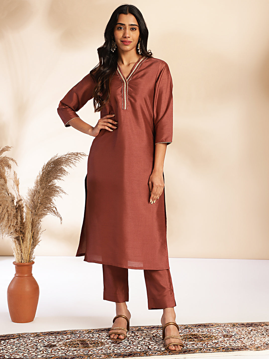 Brown Crepe Silk Yoke Design Straight Kurta Set