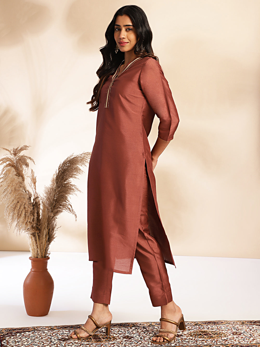 Brown Crepe Silk Yoke Design Straight Kurta Set