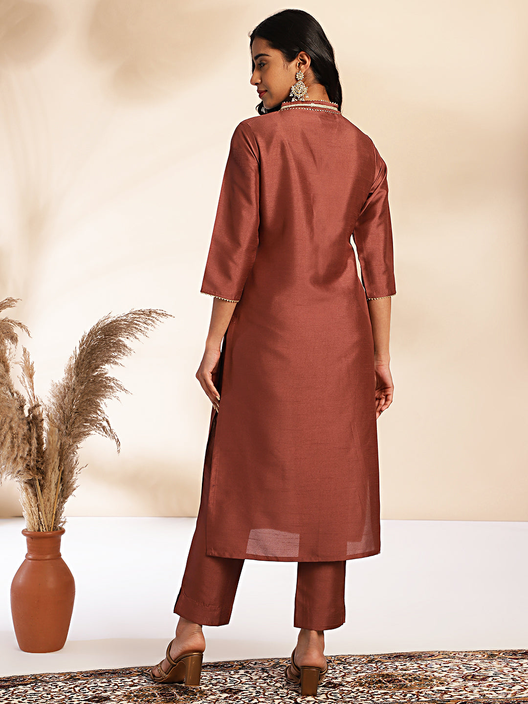 Brown Crepe Silk Yoke Design Straight Kurta Set