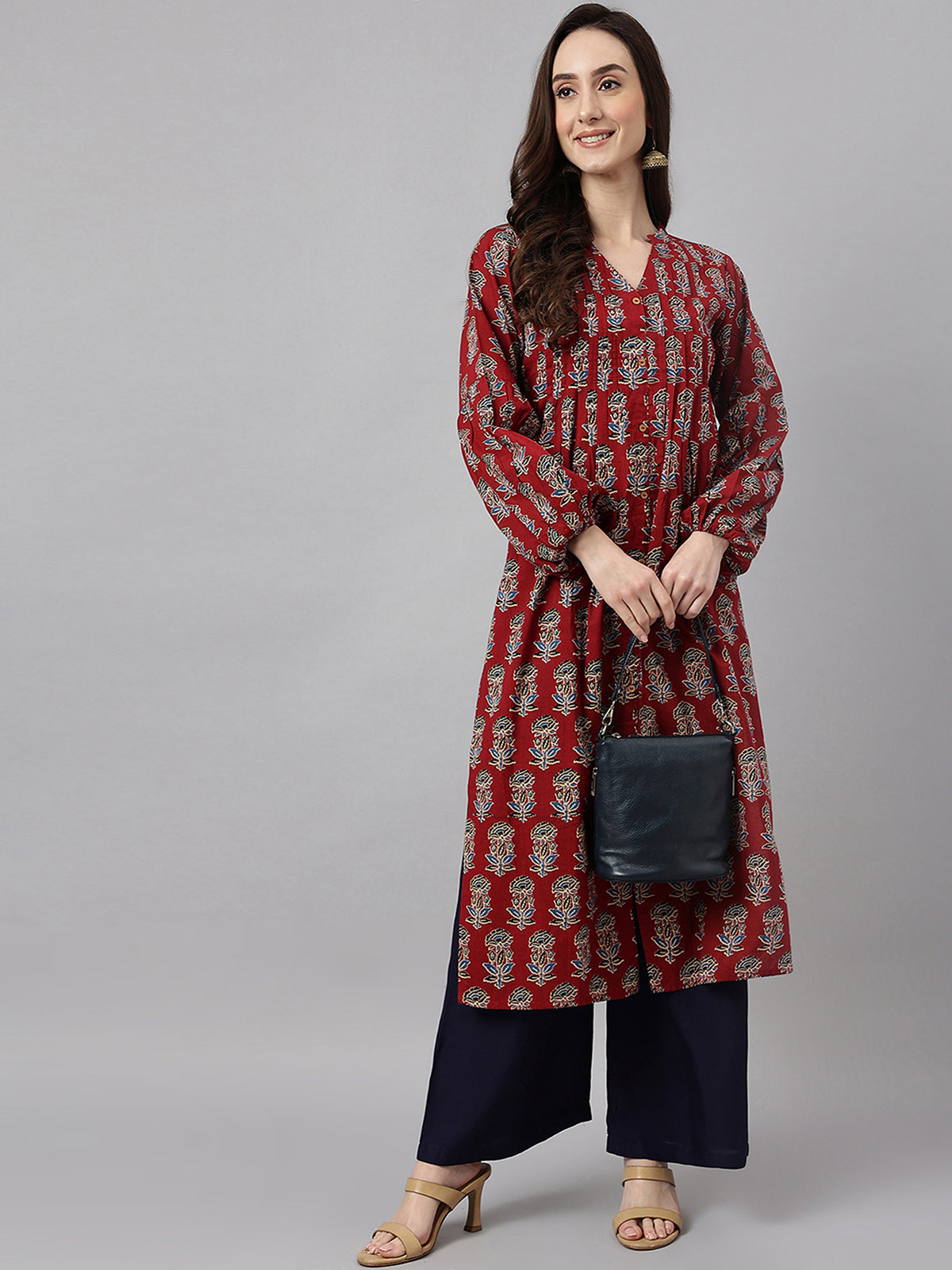 Maroon Cotton Floral Block Print Straight Kurta