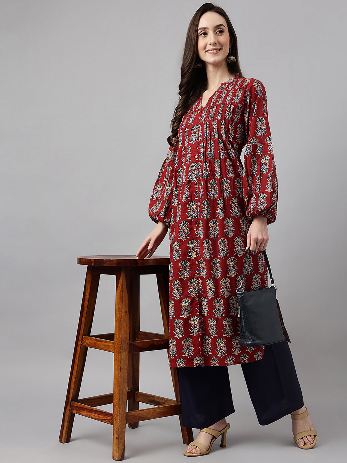 Maroon Cotton Floral Block Print Straight Kurta