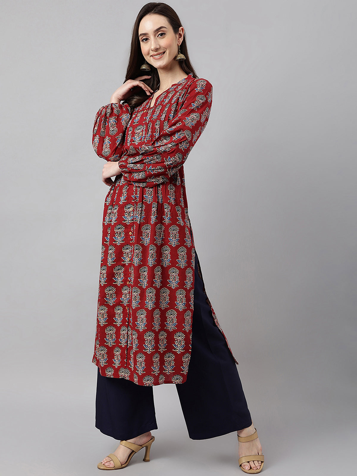 Maroon Cotton Floral Block Print Straight Kurta