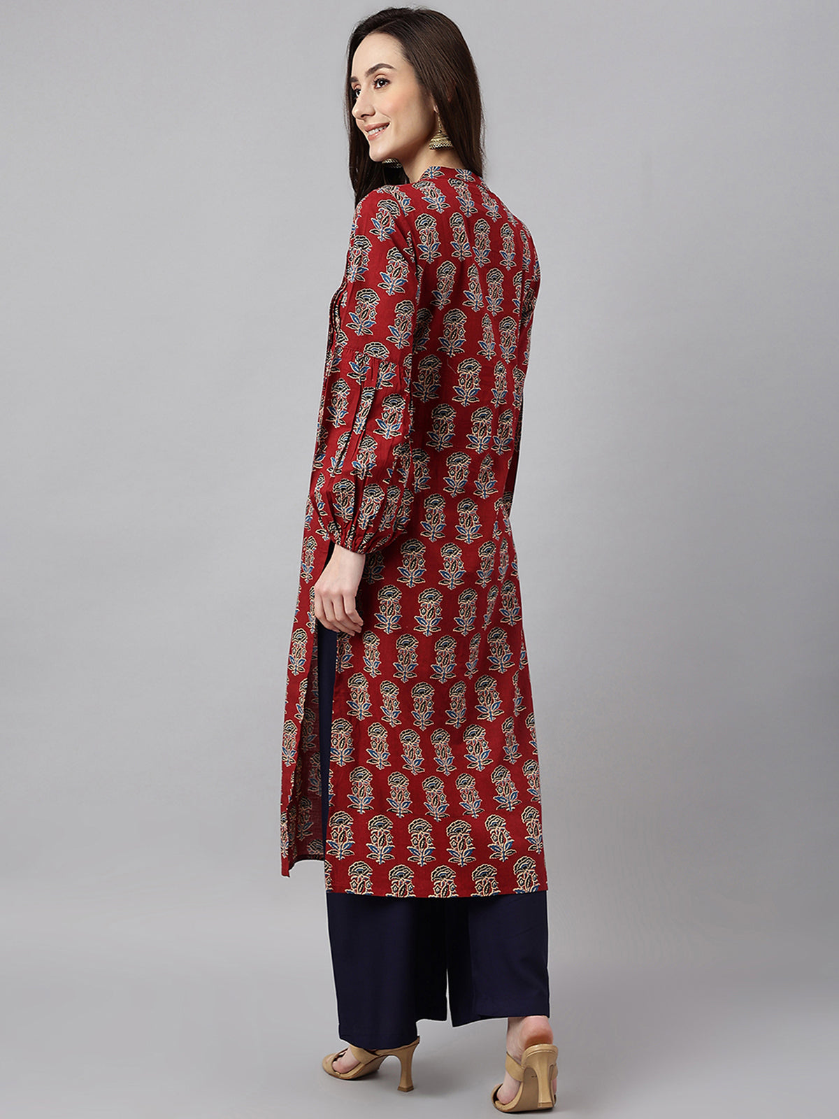 Maroon Cotton Floral Block Print Straight Kurta