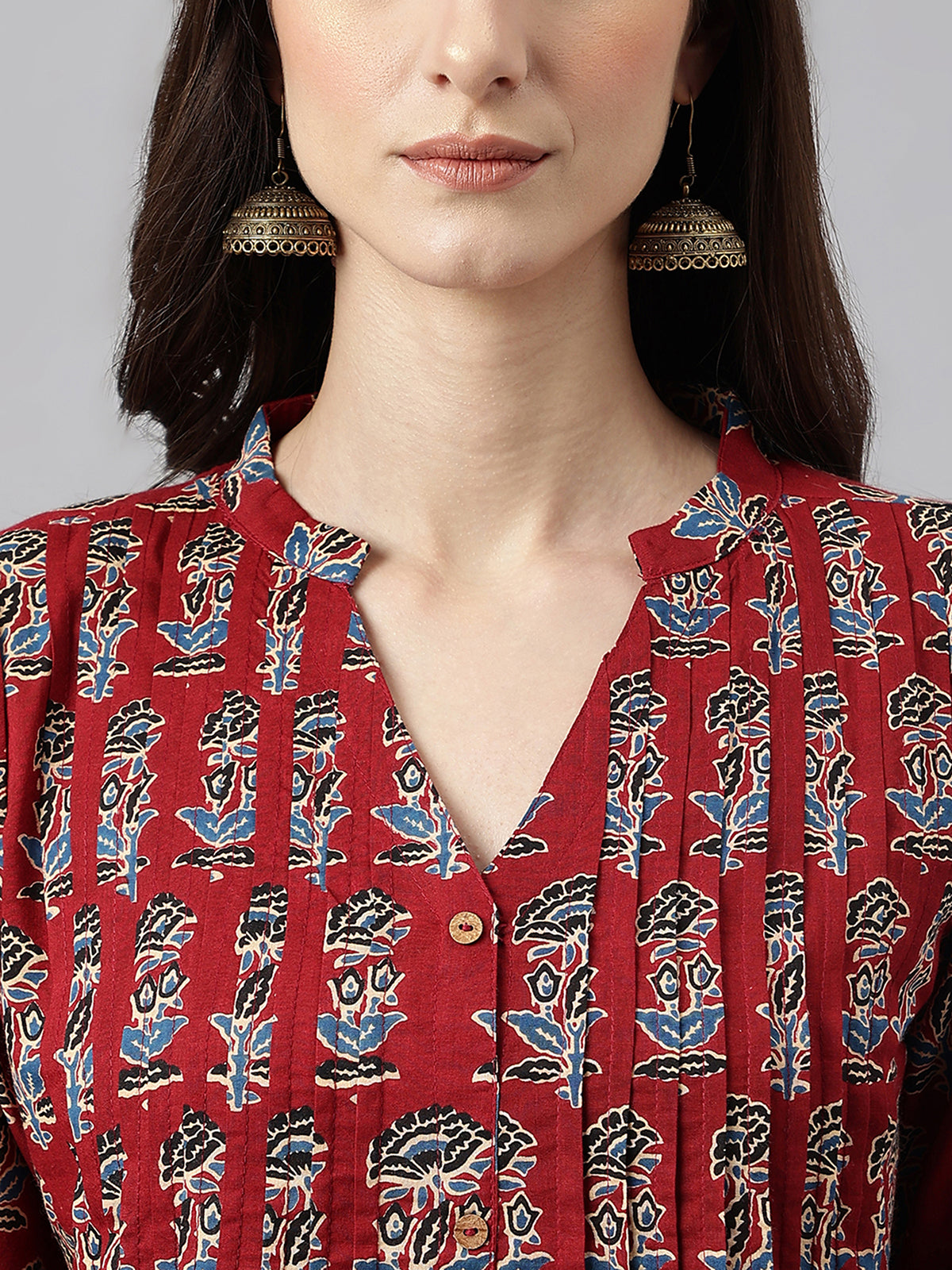 Maroon Cotton Floral Block Print Straight Kurta