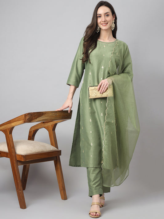 Green Chinon Embroidered Kurta with Pant and Dupatta