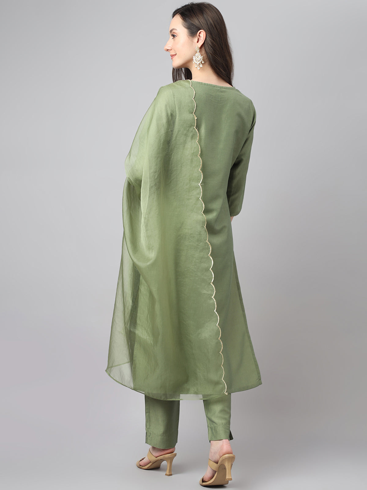 Green Chinon Embroidered Kurta with Pant and Dupatta