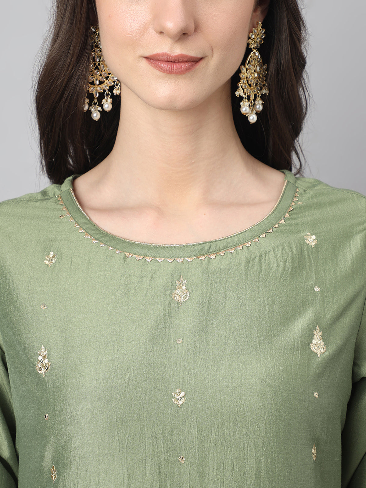 Green Chinon Embroidered Kurta with Pant and Dupatta