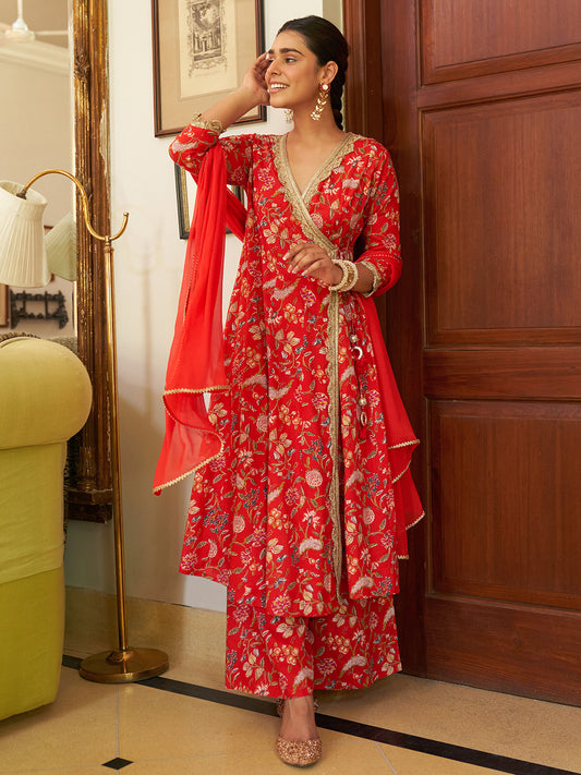 Red Cotton Floral Printed Kurta With Palazzo and Dupatta