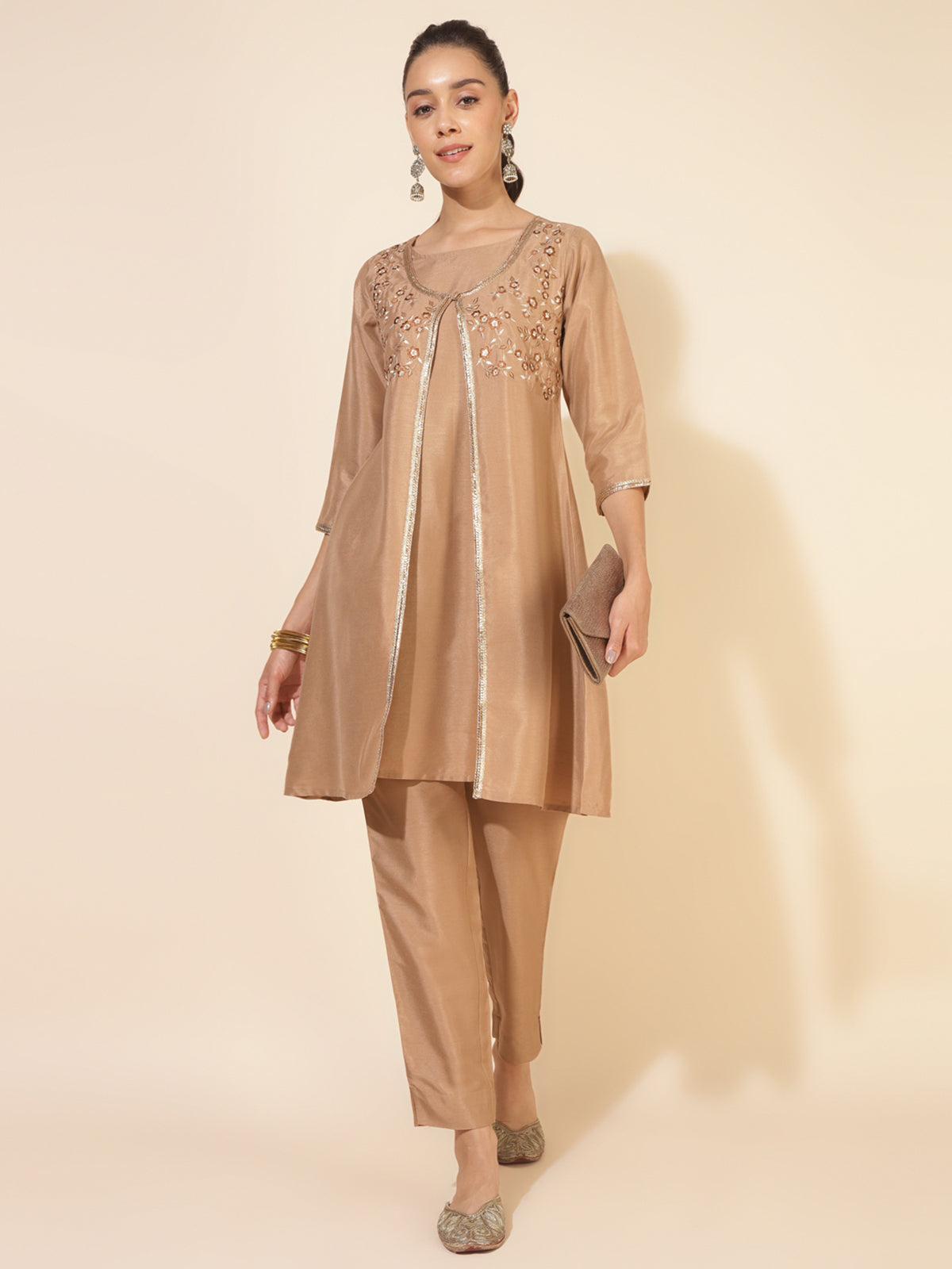 Beige Crepe Silk Embellished Jacket Style Kurta with Pant