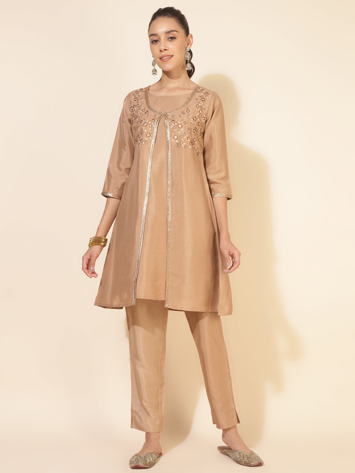 Beige Crepe Silk Embellished Jacket Style Kurta with Pant