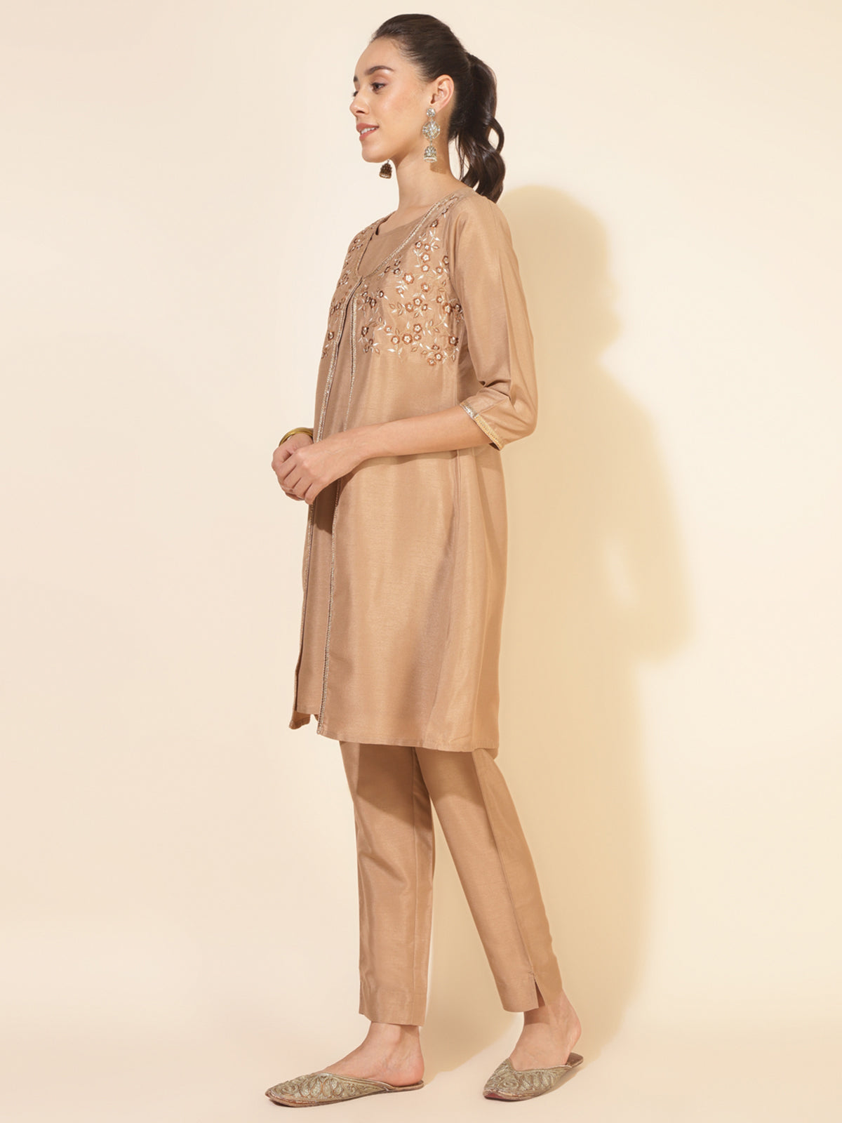 Beige Crepe Silk Embellished Jacket Style Kurta with Pant