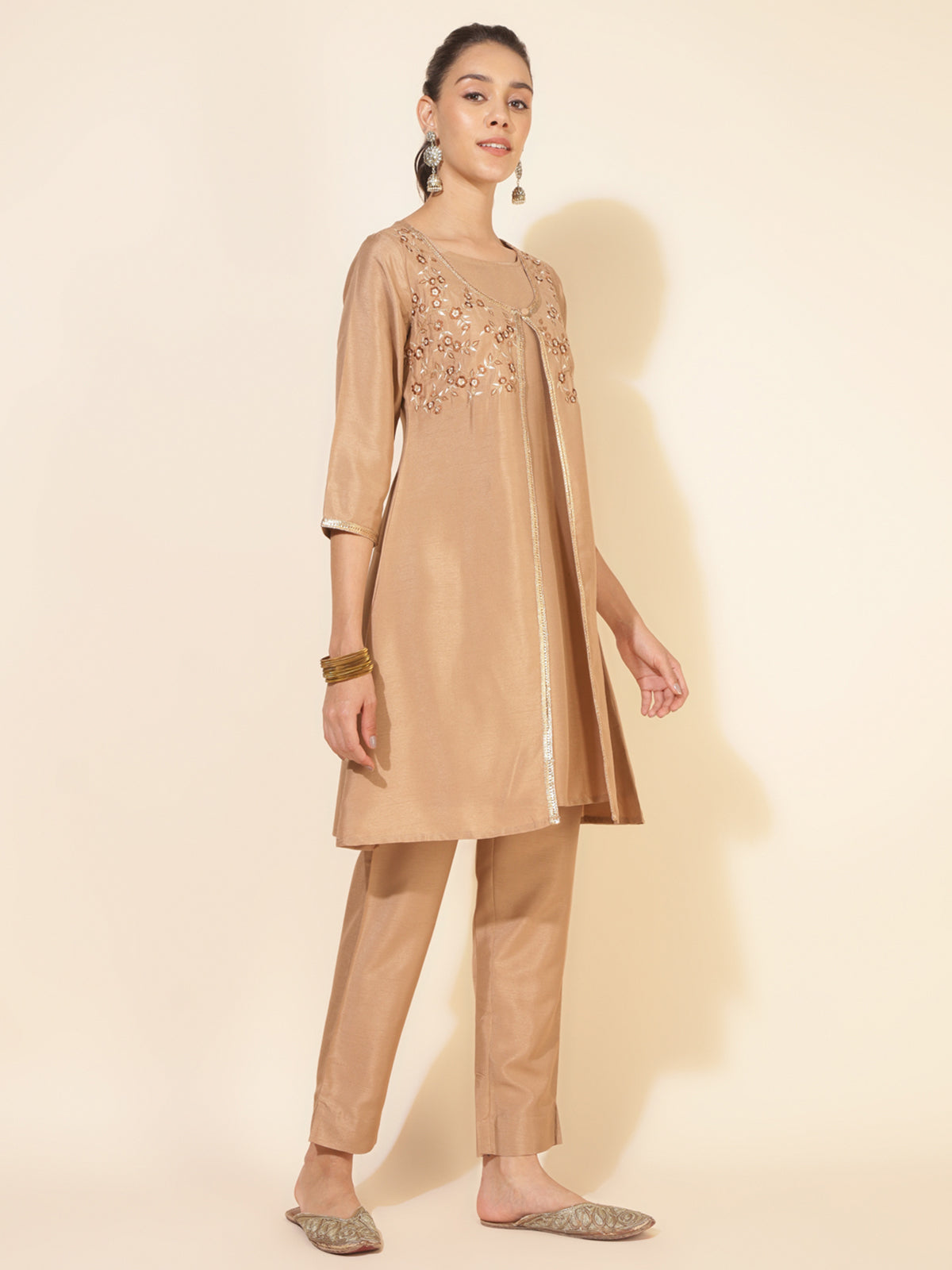 Beige Crepe Silk Embellished Jacket Style Kurta with Pant