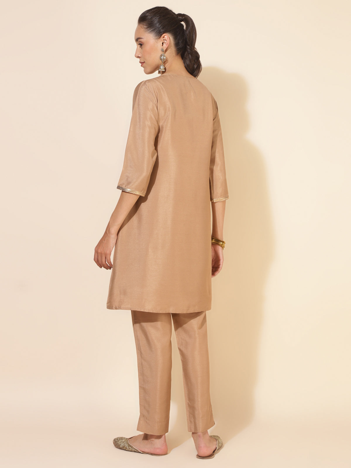 Beige Crepe Silk Embellished Jacket Style Kurta with Pant