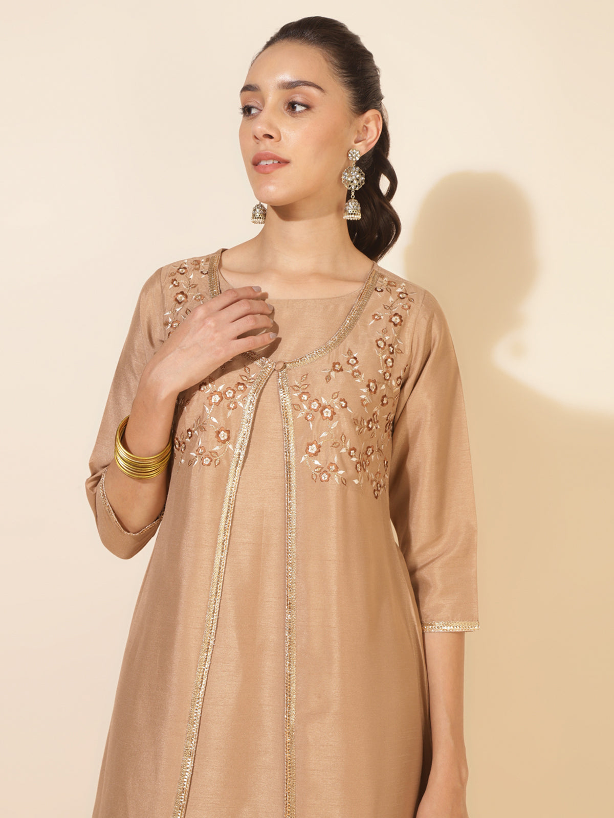 Beige Crepe Silk Embellished Jacket Style Kurta with Pant